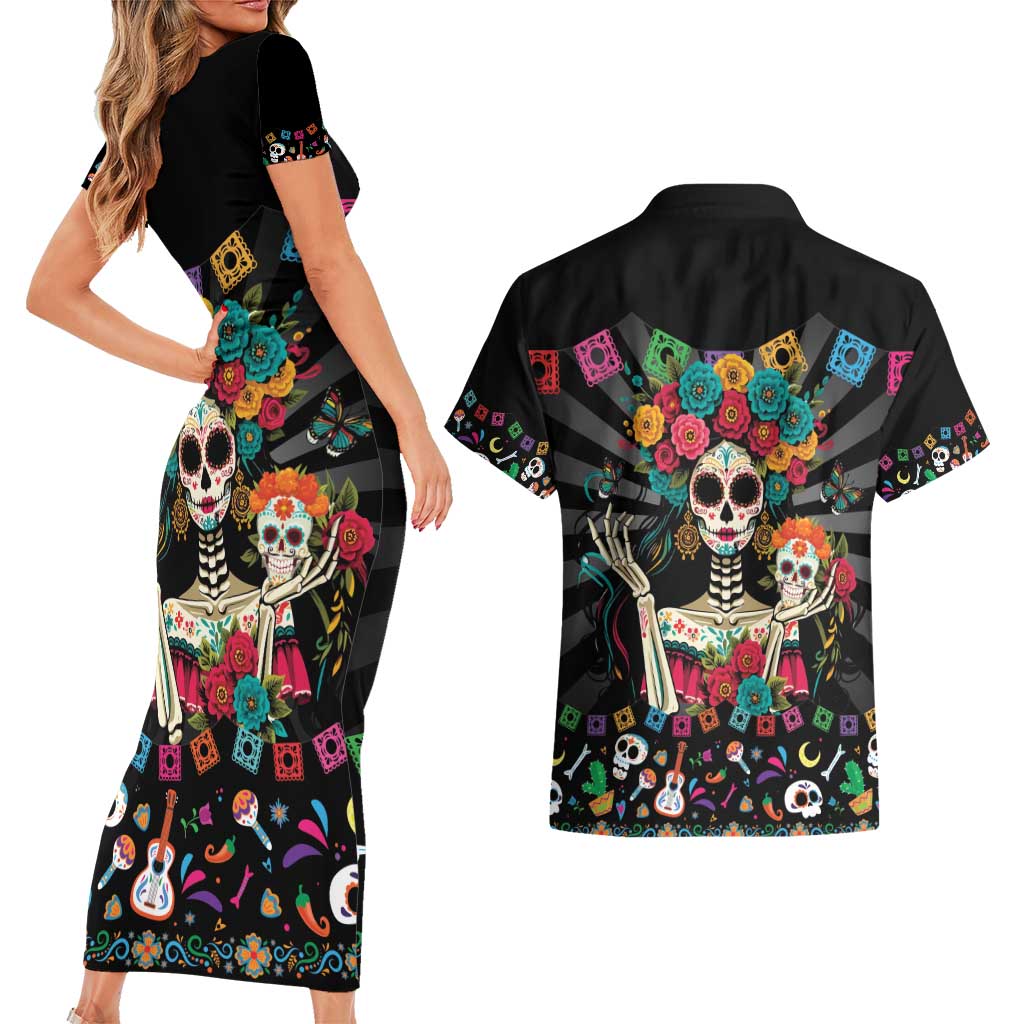 Mexican La Catrina Couples Matching Short Sleeve Bodycon Dress and Hawaiian Shirt Viva Mexico Dia De Muertos - Wonder Print Shop