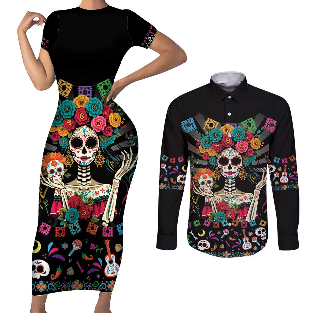 Mexican La Catrina Couples Matching Short Sleeve Bodycon Dress and Long Sleeve Button Shirt Viva Mexico Dia De Muertos - Wonder Print Shop