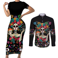 Mexican La Catrina Couples Matching Short Sleeve Bodycon Dress and Long Sleeve Button Shirt Viva Mexico Dia De Muertos - Wonder Print Shop