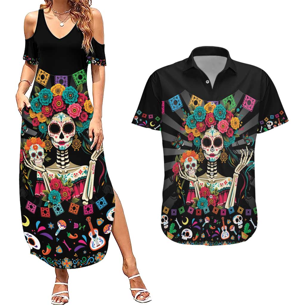 Mexican La Catrina Couples Matching Summer Maxi Dress and Hawaiian Shirt Viva Mexico Dia De Muertos - Wonder Print Shop