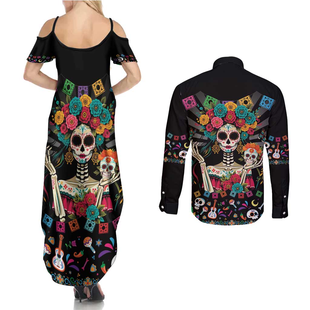Mexican La Catrina Couples Matching Summer Maxi Dress and Long Sleeve Button Shirt Viva Mexico Dia De Muertos - Wonder Print Shop