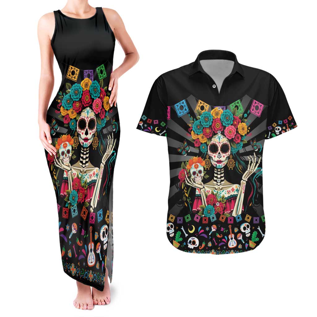 Mexican La Catrina Couples Matching Tank Maxi Dress and Hawaiian Shirt Viva Mexico Dia De Muertos - Wonder Print Shop