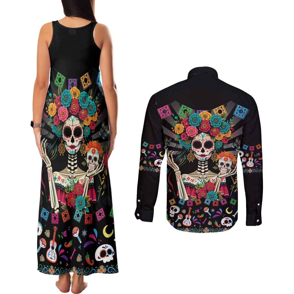 Mexican La Catrina Couples Matching Tank Maxi Dress and Long Sleeve Button Shirt Viva Mexico Dia De Muertos - Wonder Print Shop
