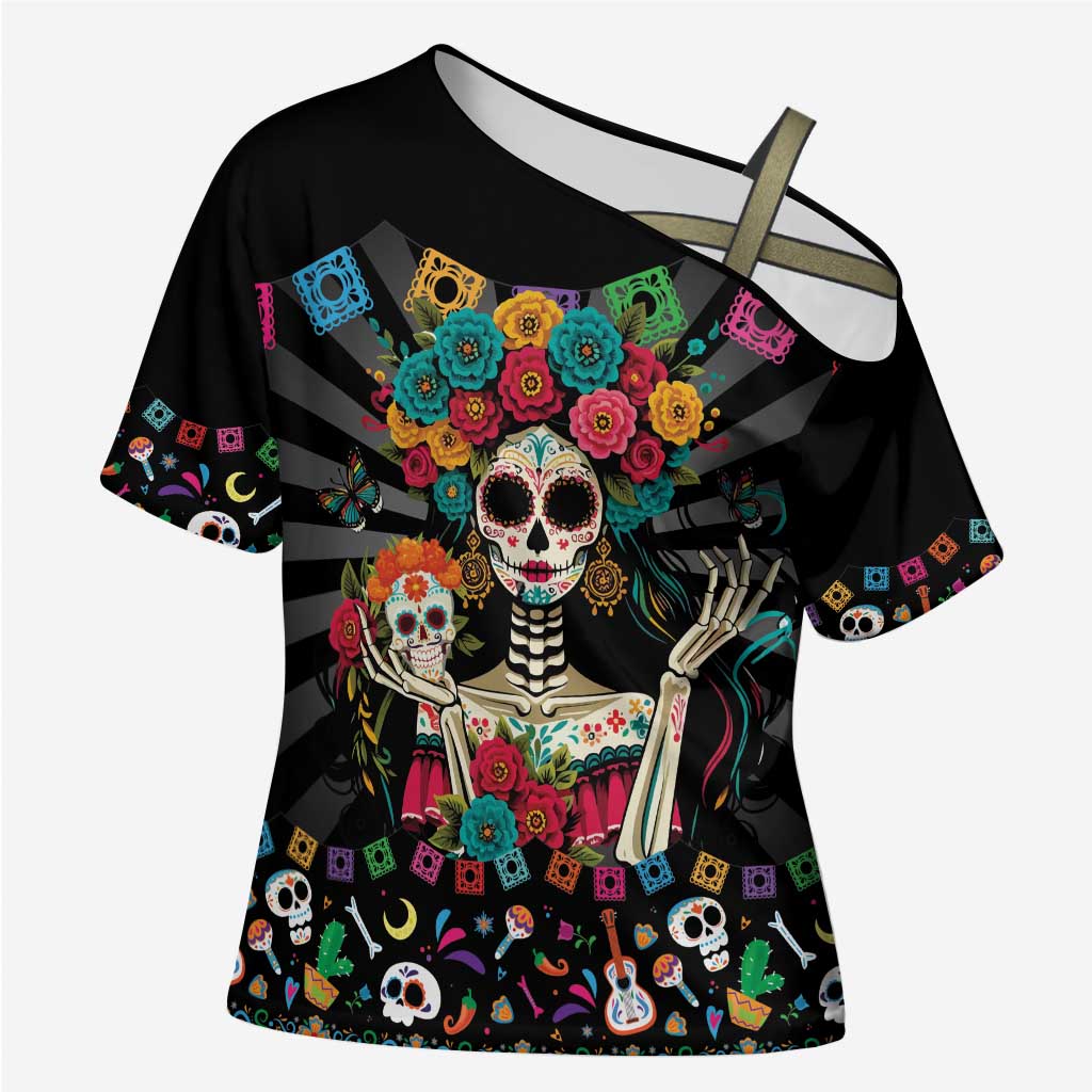 Mexican La Catrina Cross Shoulder Shirt Viva Mexico Dia De Muertos - Wonder Print Shop