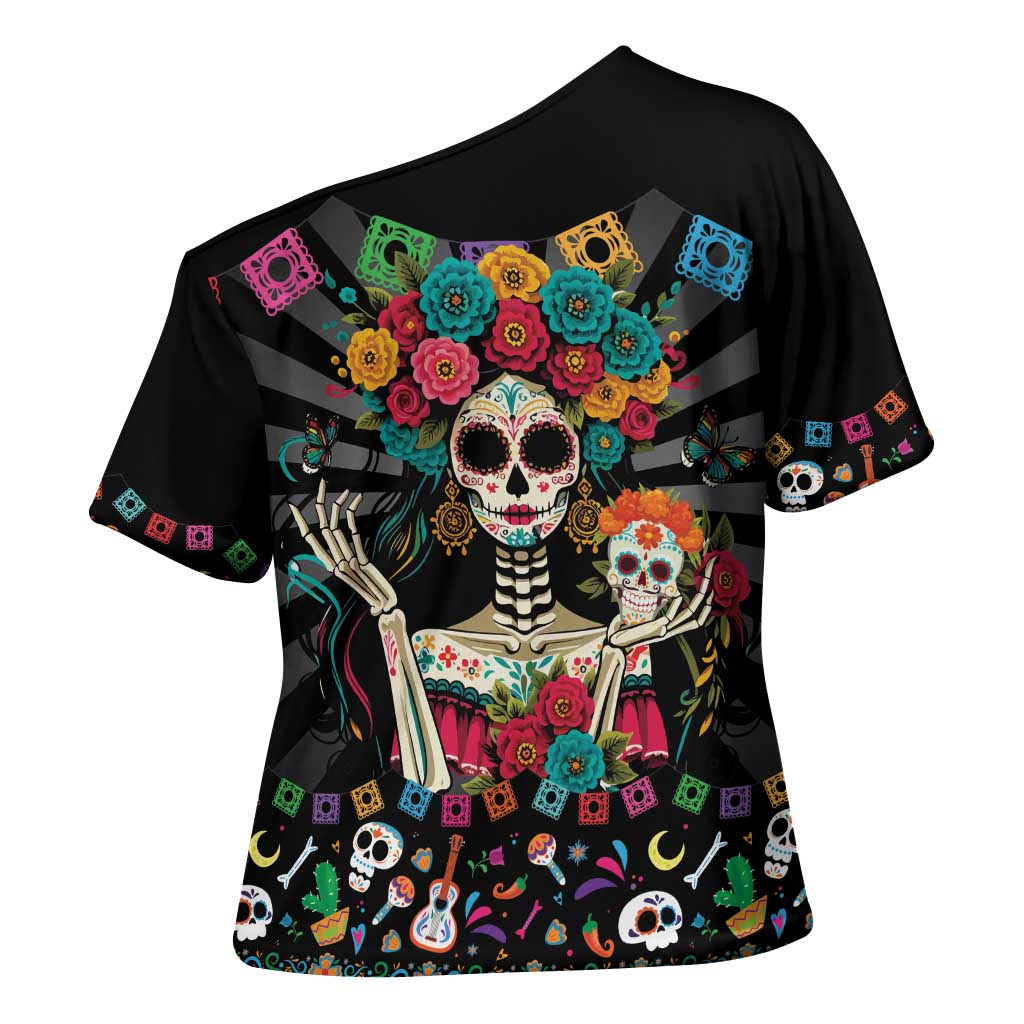 Mexican La Catrina Cross Shoulder Shirt Viva Mexico Dia De Muertos - Wonder Print Shop