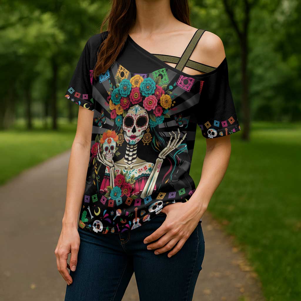 Mexican La Catrina Cross Shoulder Shirt Viva Mexico Dia De Muertos - Wonder Print Shop