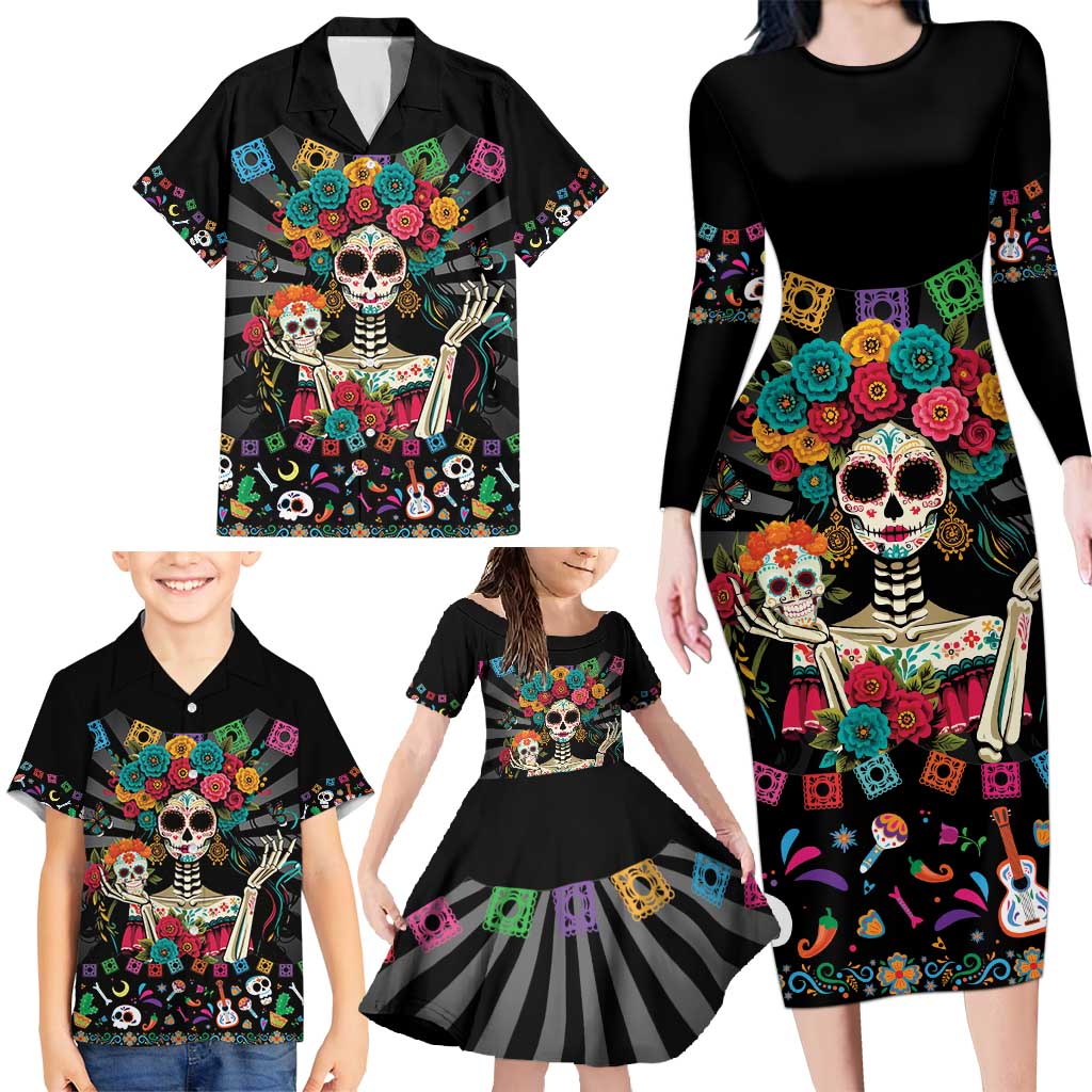 Mexican La Catrina Family Matching Long Sleeve Bodycon Dress and Hawaiian Shirt Viva Mexico Dia De Muertos - Wonder Print Shop