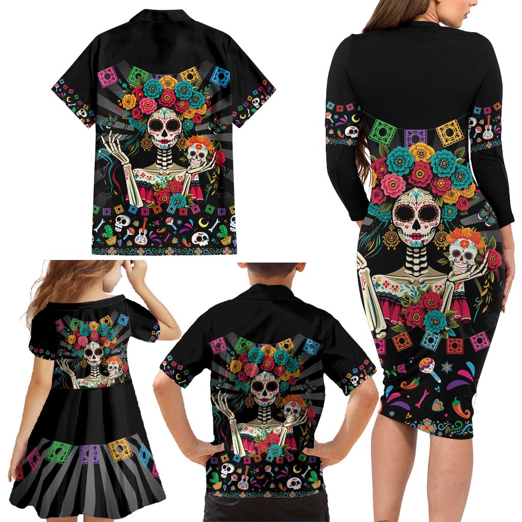 Mexican La Catrina Family Matching Long Sleeve Bodycon Dress and Hawaiian Shirt Viva Mexico Dia De Muertos - Wonder Print Shop