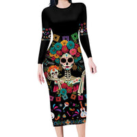 Mexican La Catrina Family Matching Long Sleeve Bodycon Dress and Hawaiian Shirt Viva Mexico Dia De Muertos - Wonder Print Shop