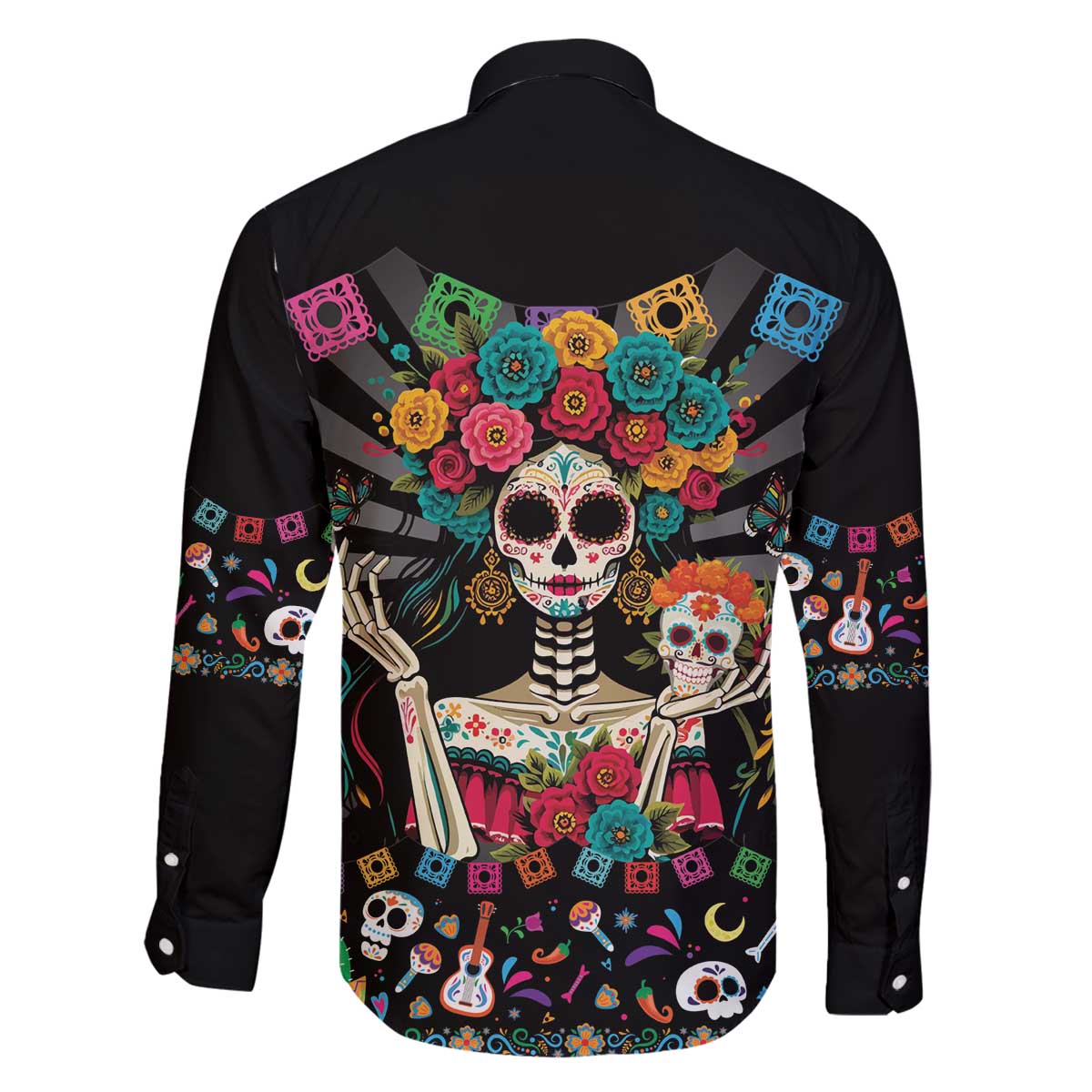 Mexican La Catrina Family Matching Off The Shoulder Long Sleeve Dress and Hawaiian Shirt Viva Mexico Dia De Muertos - Wonder Print Shop