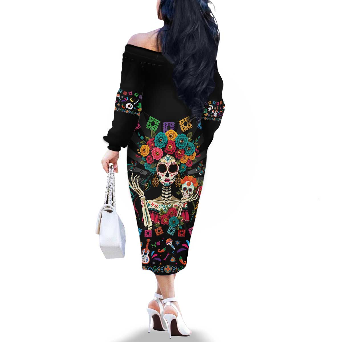 Mexican La Catrina Family Matching Off The Shoulder Long Sleeve Dress and Hawaiian Shirt Viva Mexico Dia De Muertos - Wonder Print Shop