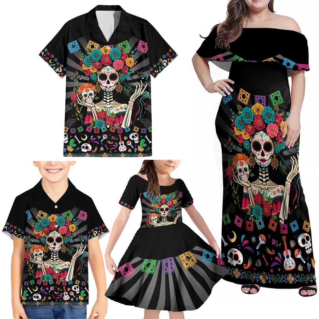 Mexican La Catrina Family Matching Off Shoulder Maxi Dress and Hawaiian Shirt Viva Mexico Dia De Muertos - Wonder Print Shop