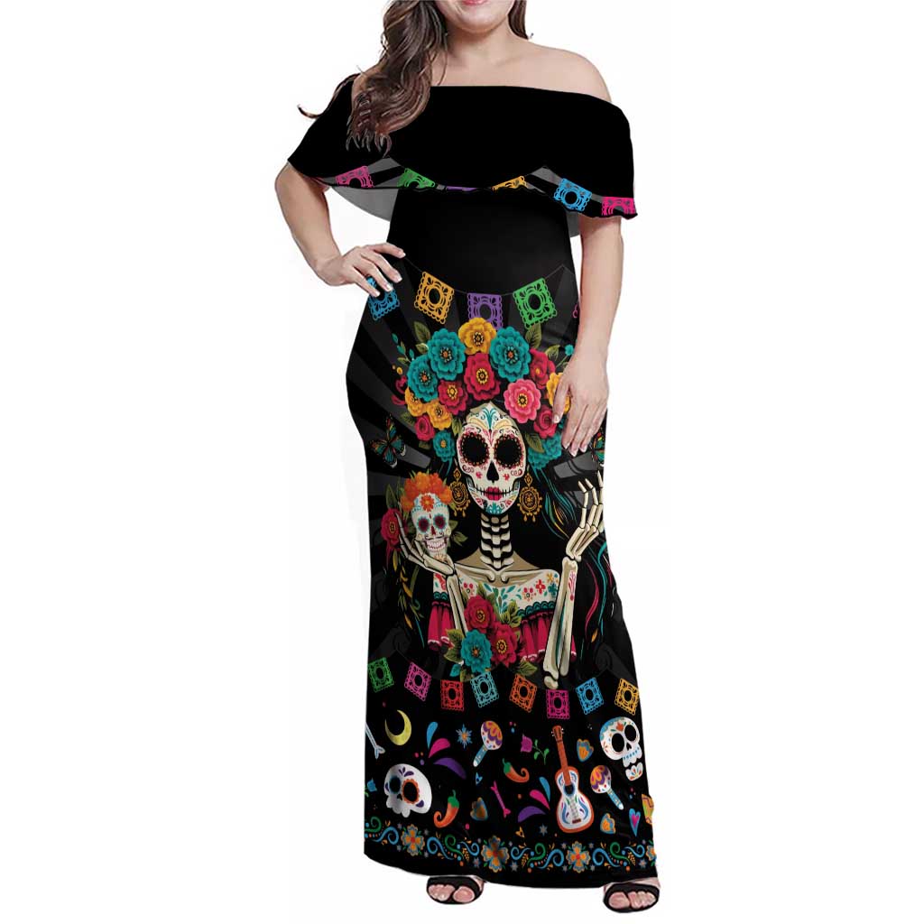 Mexican La Catrina Family Matching Off Shoulder Maxi Dress and Hawaiian Shirt Viva Mexico Dia De Muertos - Wonder Print Shop