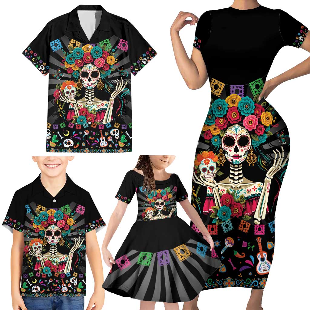 Mexican La Catrina Family Matching Short Sleeve Bodycon Dress and Hawaiian Shirt Viva Mexico Dia De Muertos - Wonder Print Shop