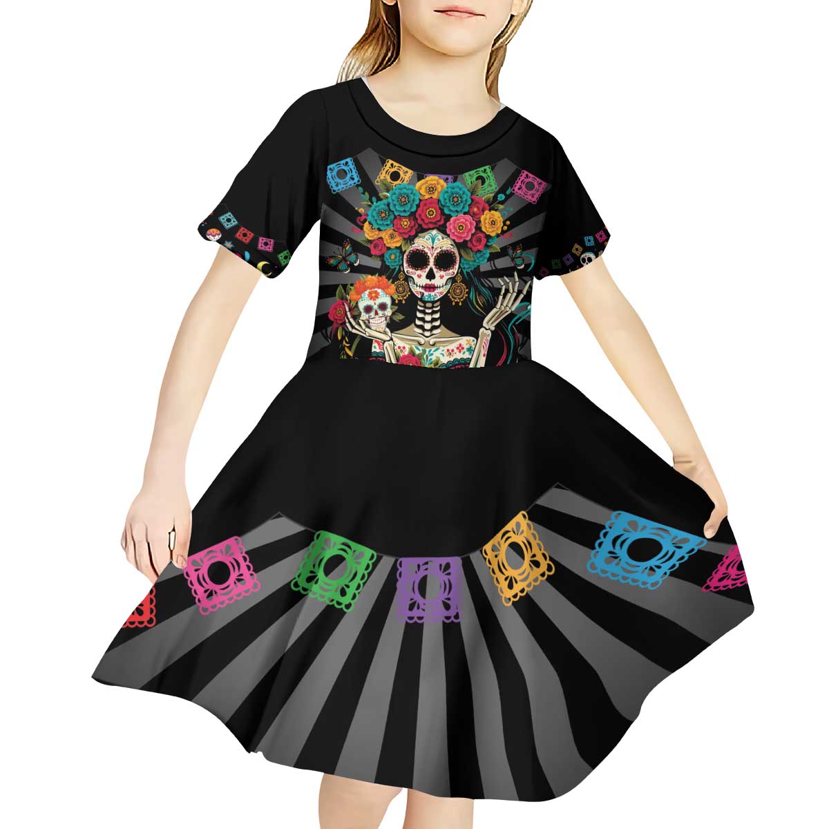 Mexican La Catrina Kid Short Sleeve Dress Viva Mexico Dia De Muertos - Wonder Print Shop