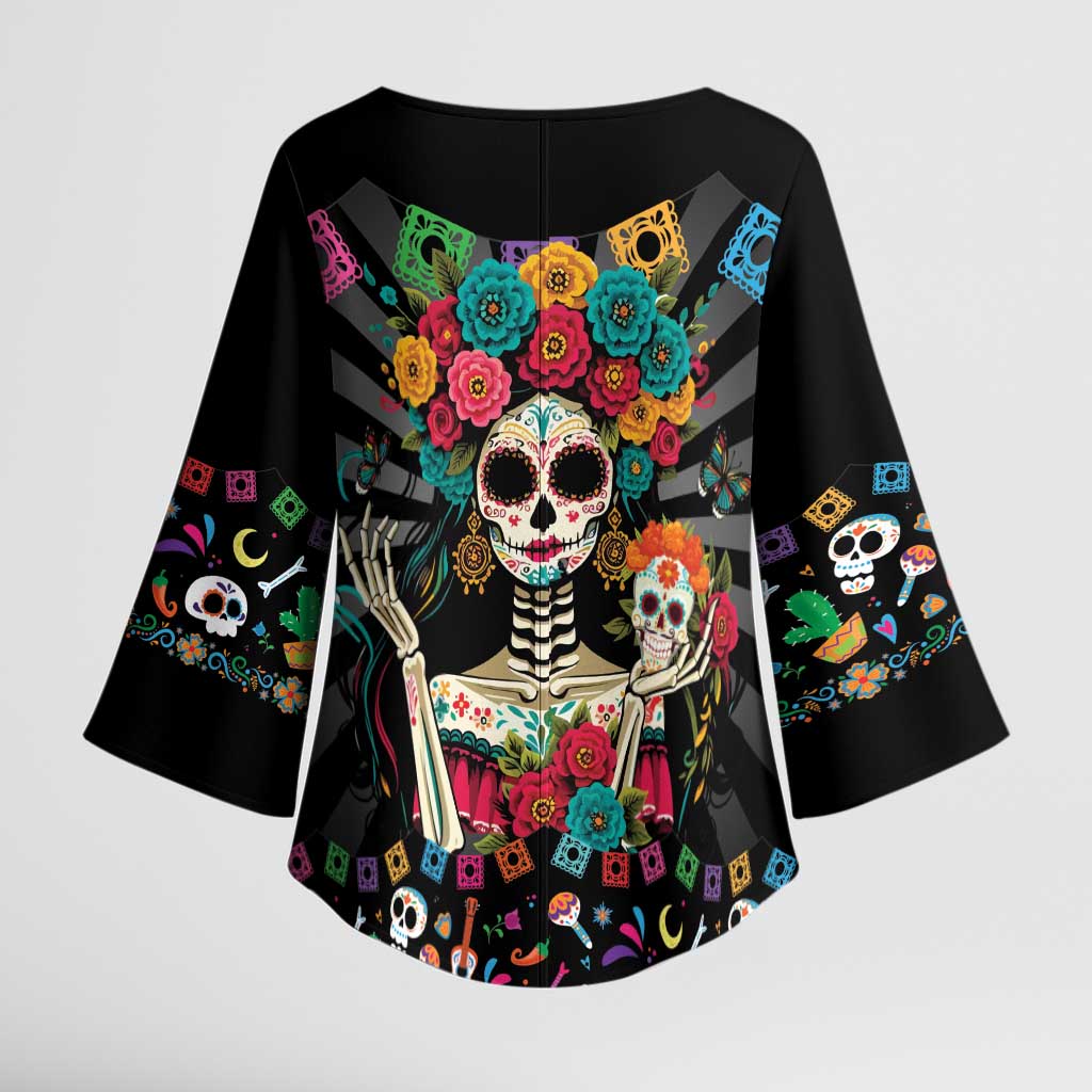 Mexican La Catrina Kimono Sleeve Blouse Viva Mexico Dia De Muertos - Wonder Print Shop