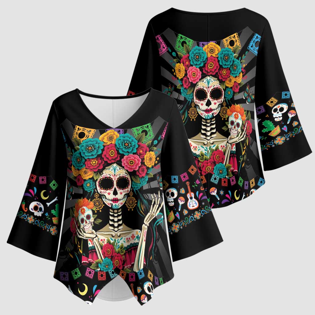 Mexican La Catrina Kimono Sleeve Blouse Viva Mexico Dia De Muertos - Wonder Print Shop