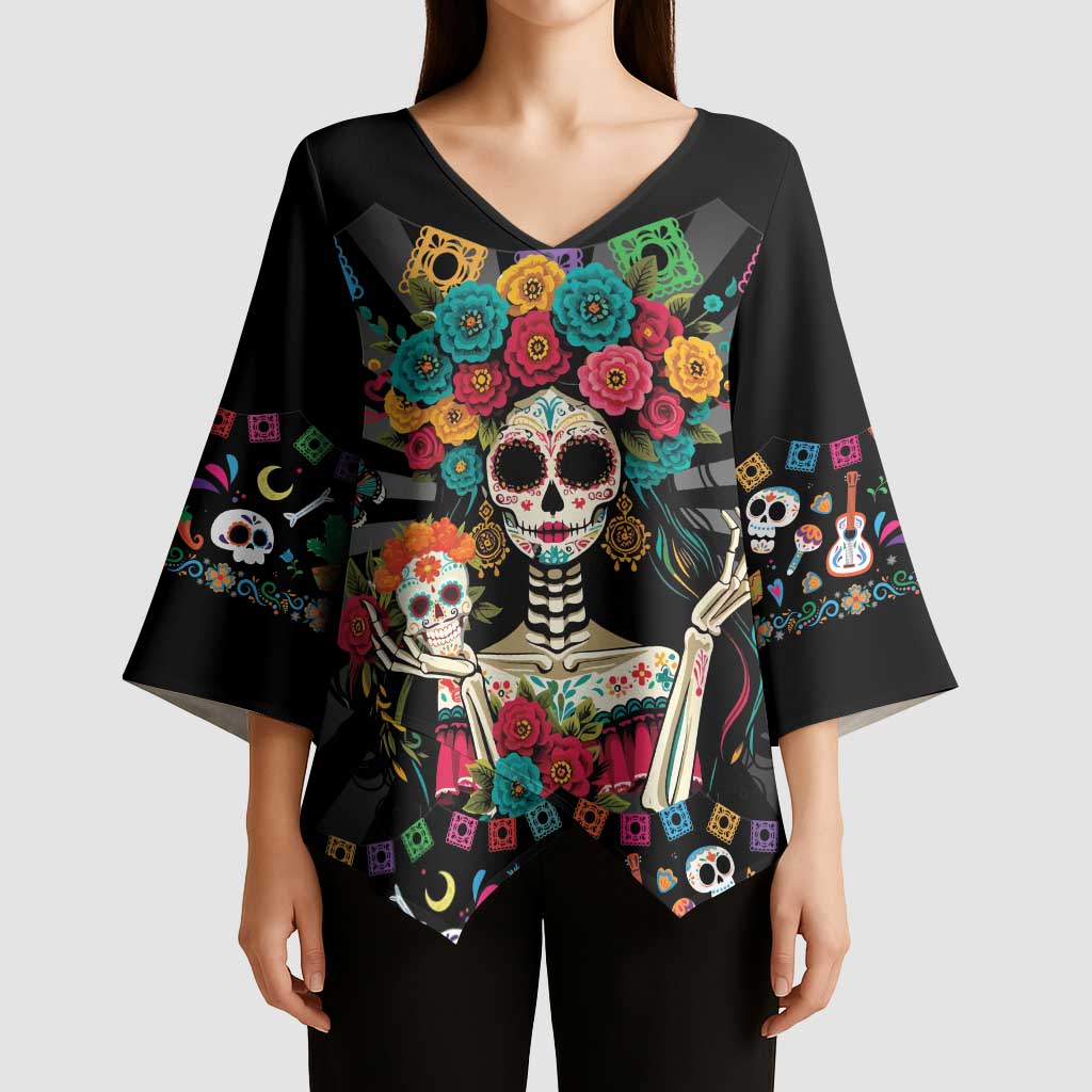 Mexican La Catrina Kimono Sleeve Blouse Viva Mexico Dia De Muertos - Wonder Print Shop