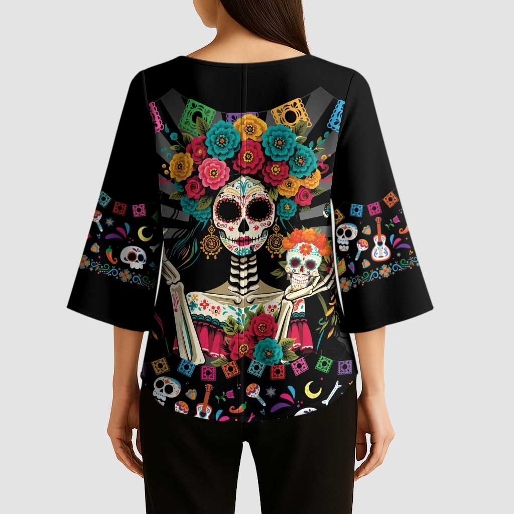 Mexican La Catrina Kimono Sleeve Blouse Viva Mexico Dia De Muertos - Wonder Print Shop