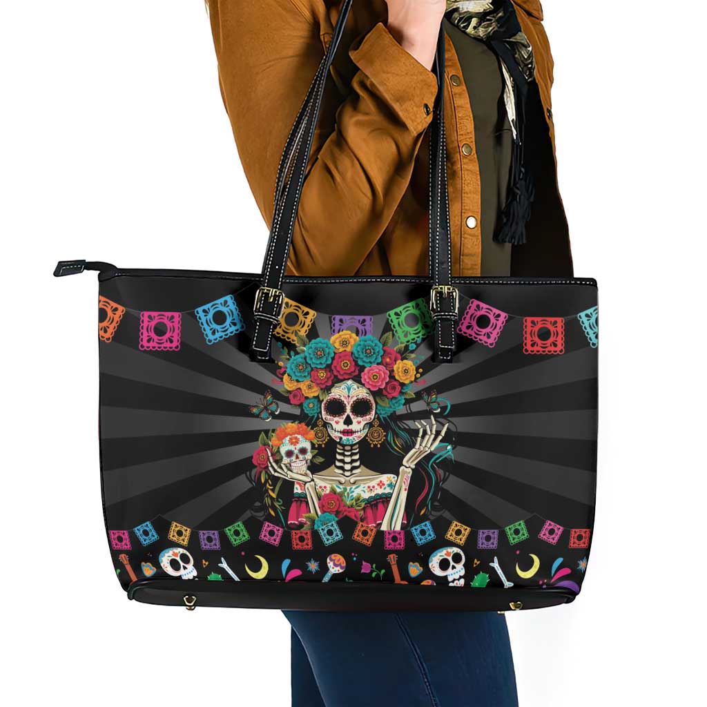Mexican La Catrina Leather Tote Bag Viva Mexico Dia De Muertos - Wonder Print Shop