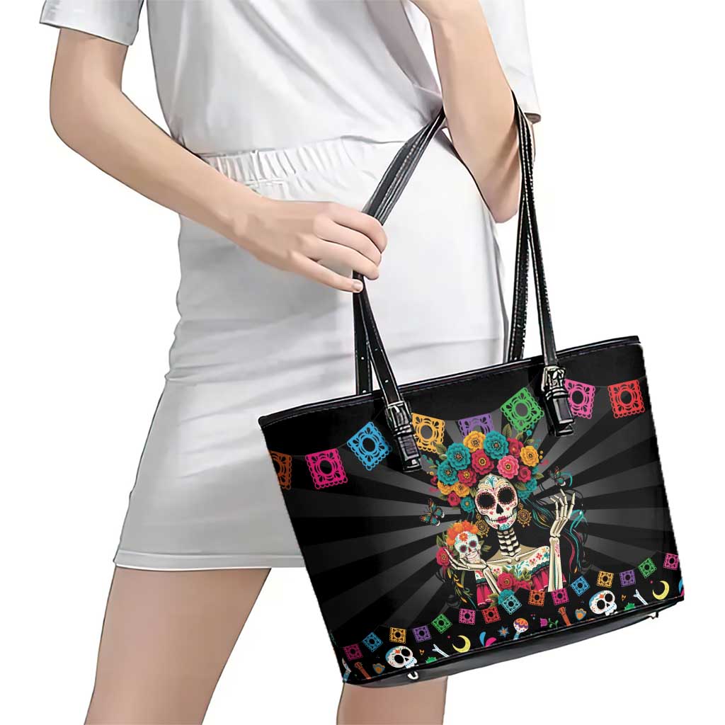 Mexican La Catrina Leather Tote Bag Viva Mexico Dia De Muertos - Wonder Print Shop