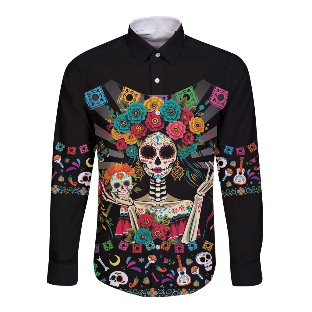 Mexican La Catrina Long Sleeve Button Shirt Viva Mexico Dia De Muertos - Wonder Print Shop