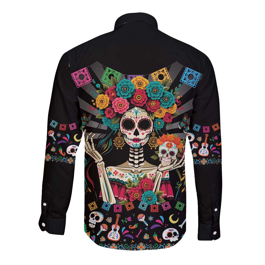 Mexican La Catrina Long Sleeve Button Shirt Viva Mexico Dia De Muertos - Wonder Print Shop