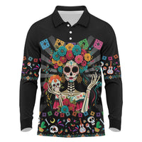 Mexican La Catrina Long Sleeve Polo Shirt Viva Mexico Dia De Muertos - Wonder Print Shop
