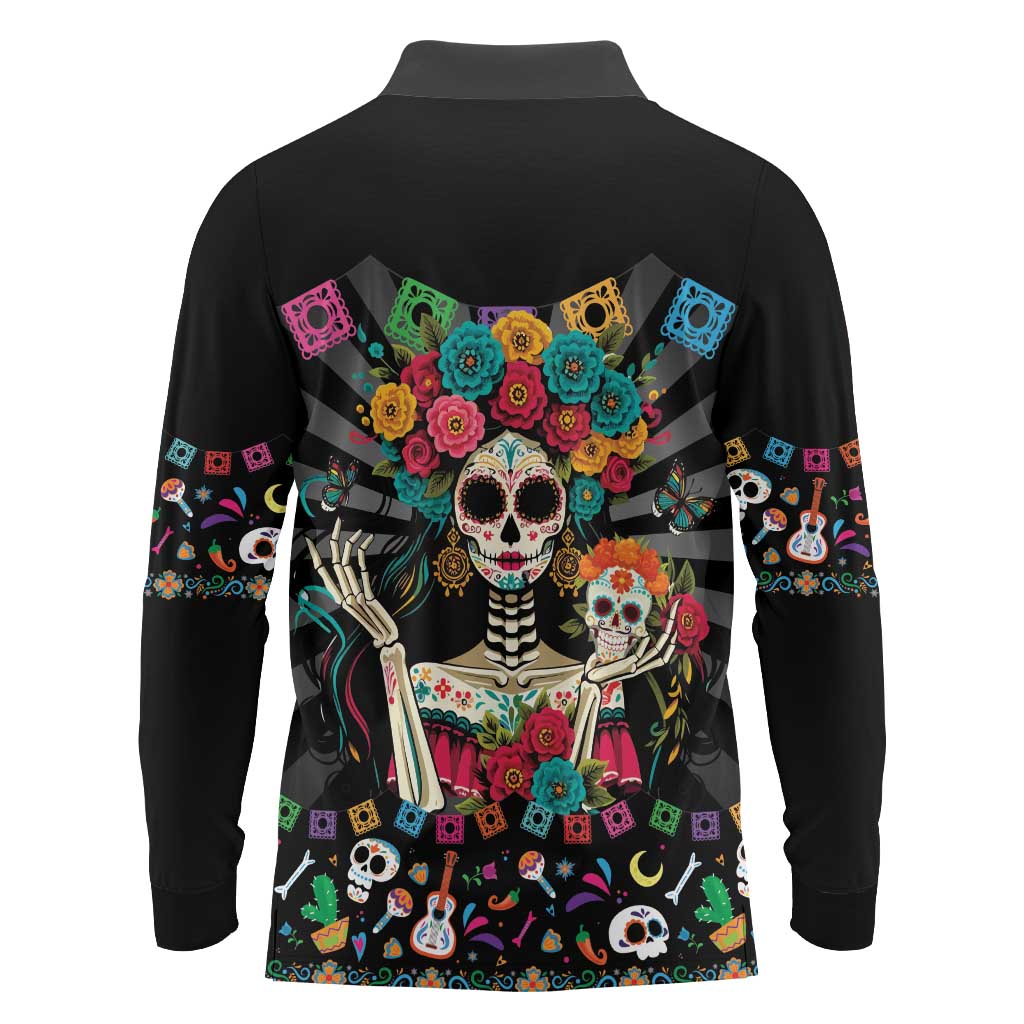 Mexican La Catrina Long Sleeve Polo Shirt Viva Mexico Dia De Muertos - Wonder Print Shop