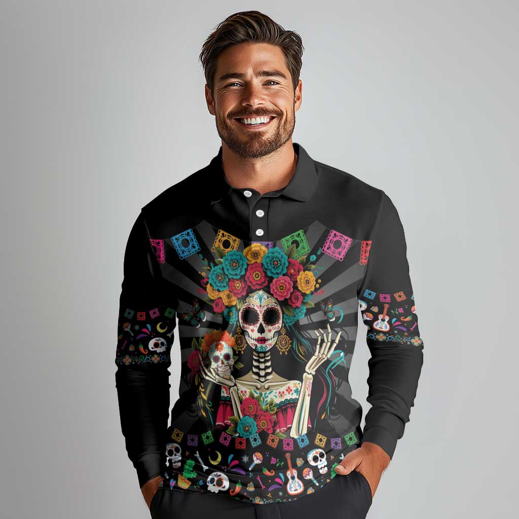Mexican La Catrina Long Sleeve Polo Shirt Viva Mexico Dia De Muertos - Wonder Print Shop