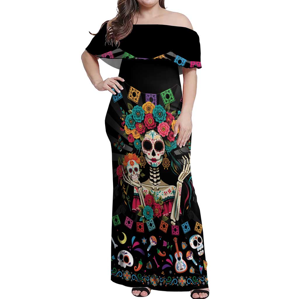 Mexican La Catrina Off Shoulder Maxi Dress Viva Mexico Dia De Muertos - Wonder Print Shop
