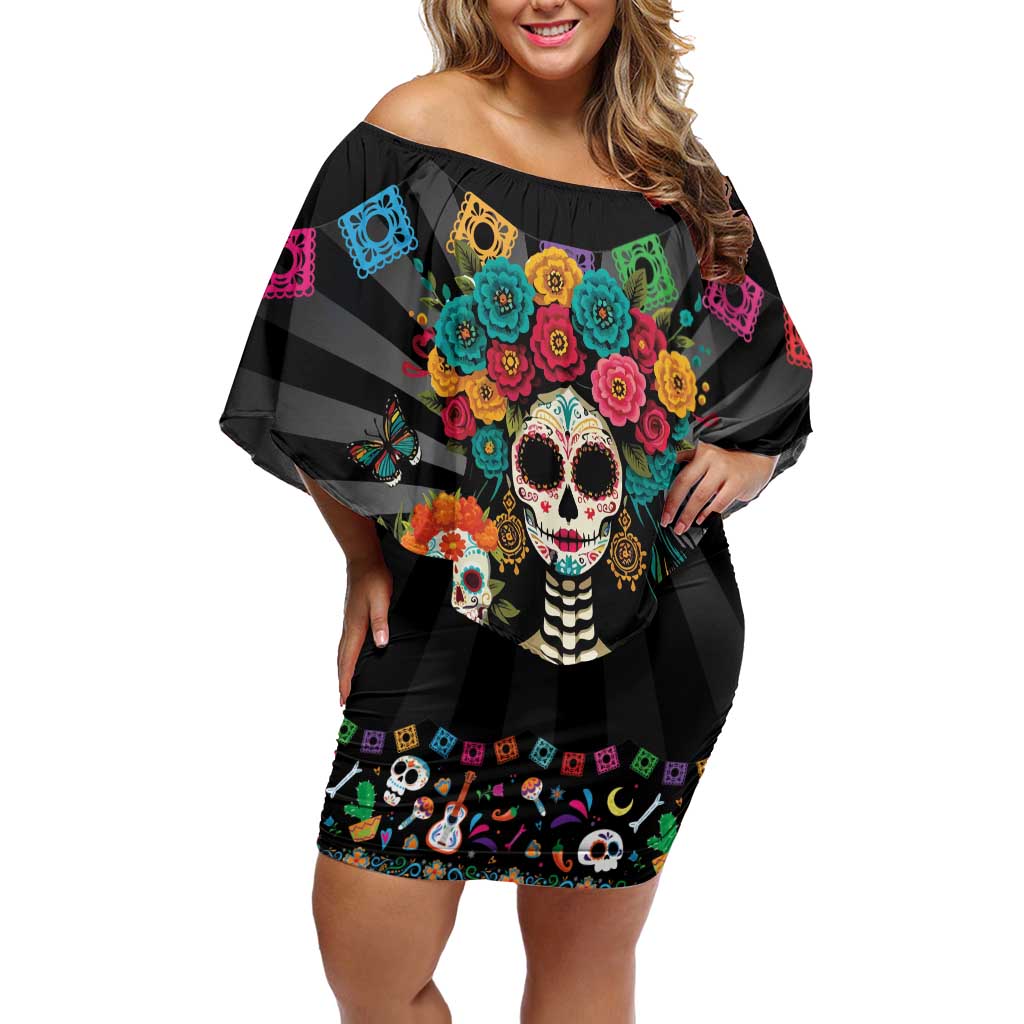 Mexican La Catrina Off Shoulder Short Dress Viva Mexico Dia De Muertos - Wonder Print Shop