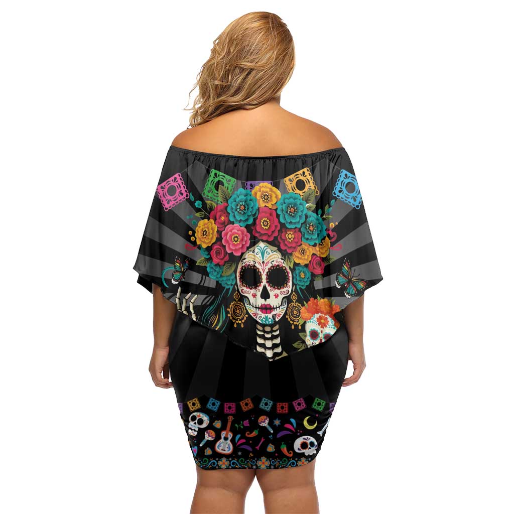Mexican La Catrina Off Shoulder Short Dress Viva Mexico Dia De Muertos - Wonder Print Shop