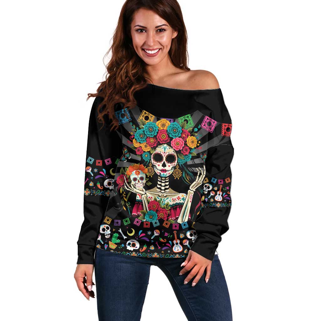 Mexican La Catrina Off Shoulder Sweater Viva Mexico Dia De Muertos - Wonder Print Shop