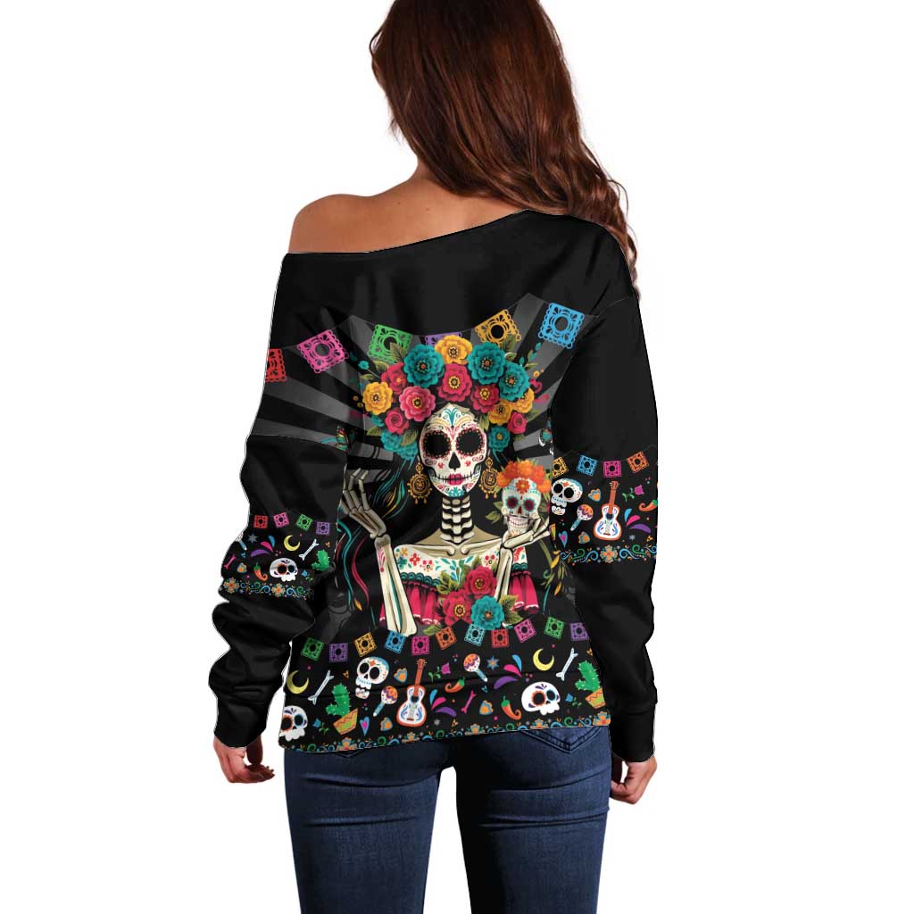 Mexican La Catrina Off Shoulder Sweater Viva Mexico Dia De Muertos - Wonder Print Shop