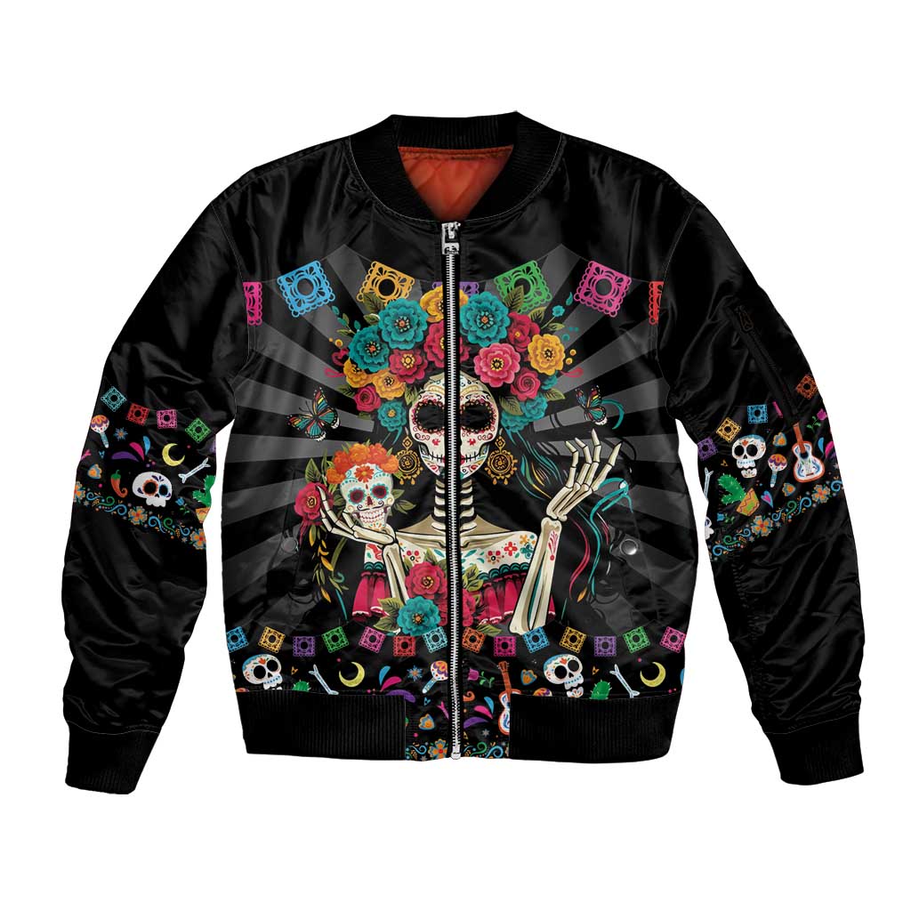 Mexican La Catrina Sleeve Zip Bomber Jacket Viva Mexico Dia De Muertos - Wonder Print Shop