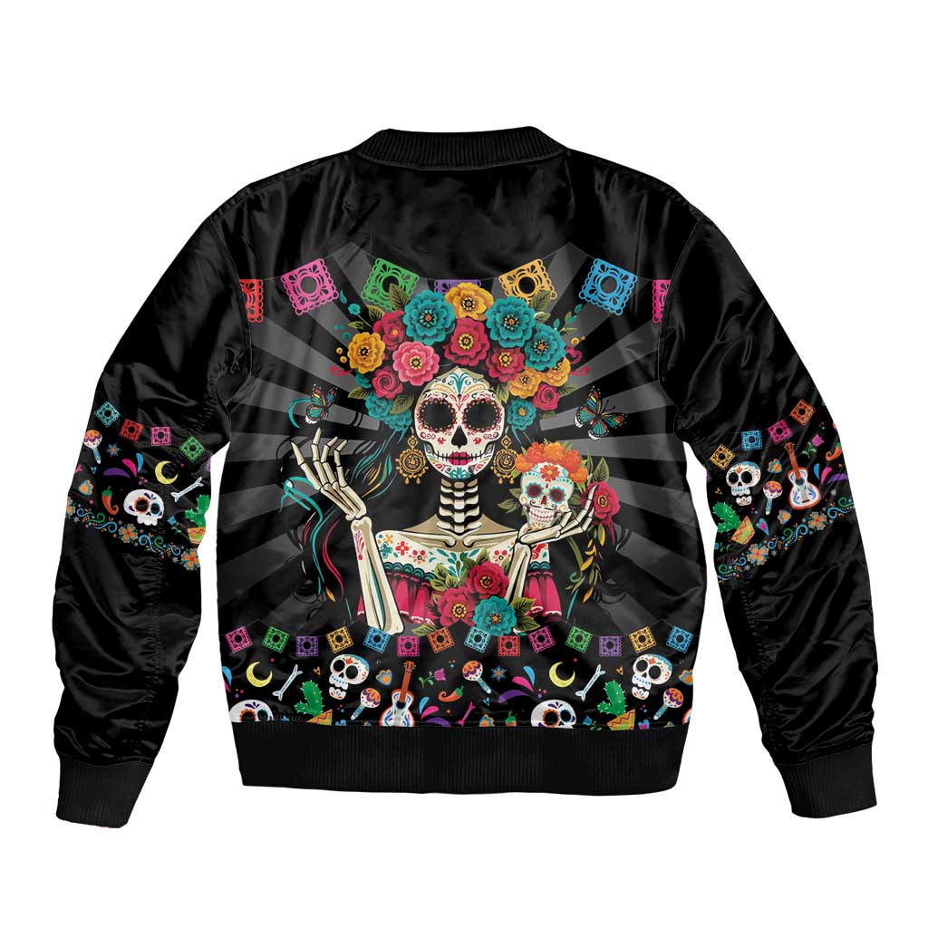 Mexican La Catrina Sleeve Zip Bomber Jacket Viva Mexico Dia De Muertos - Wonder Print Shop