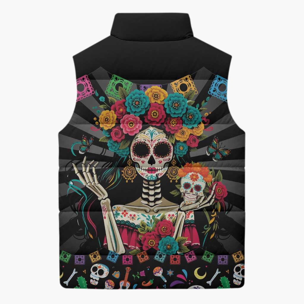 Mexican La Catrina Sleeveless Puffer Jacket Viva Mexico Dia De Muertos - Wonder Print Shop