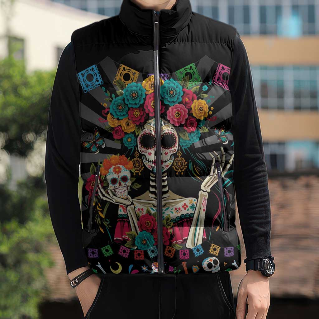 Mexican La Catrina Sleeveless Puffer Jacket Viva Mexico Dia De Muertos - Wonder Print Shop