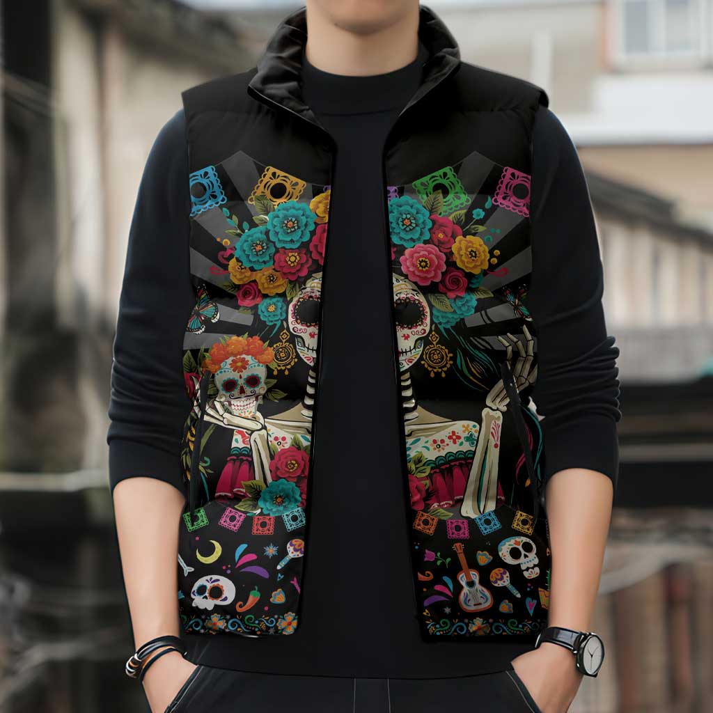 Mexican La Catrina Sleeveless Puffer Jacket Viva Mexico Dia De Muertos - Wonder Print Shop