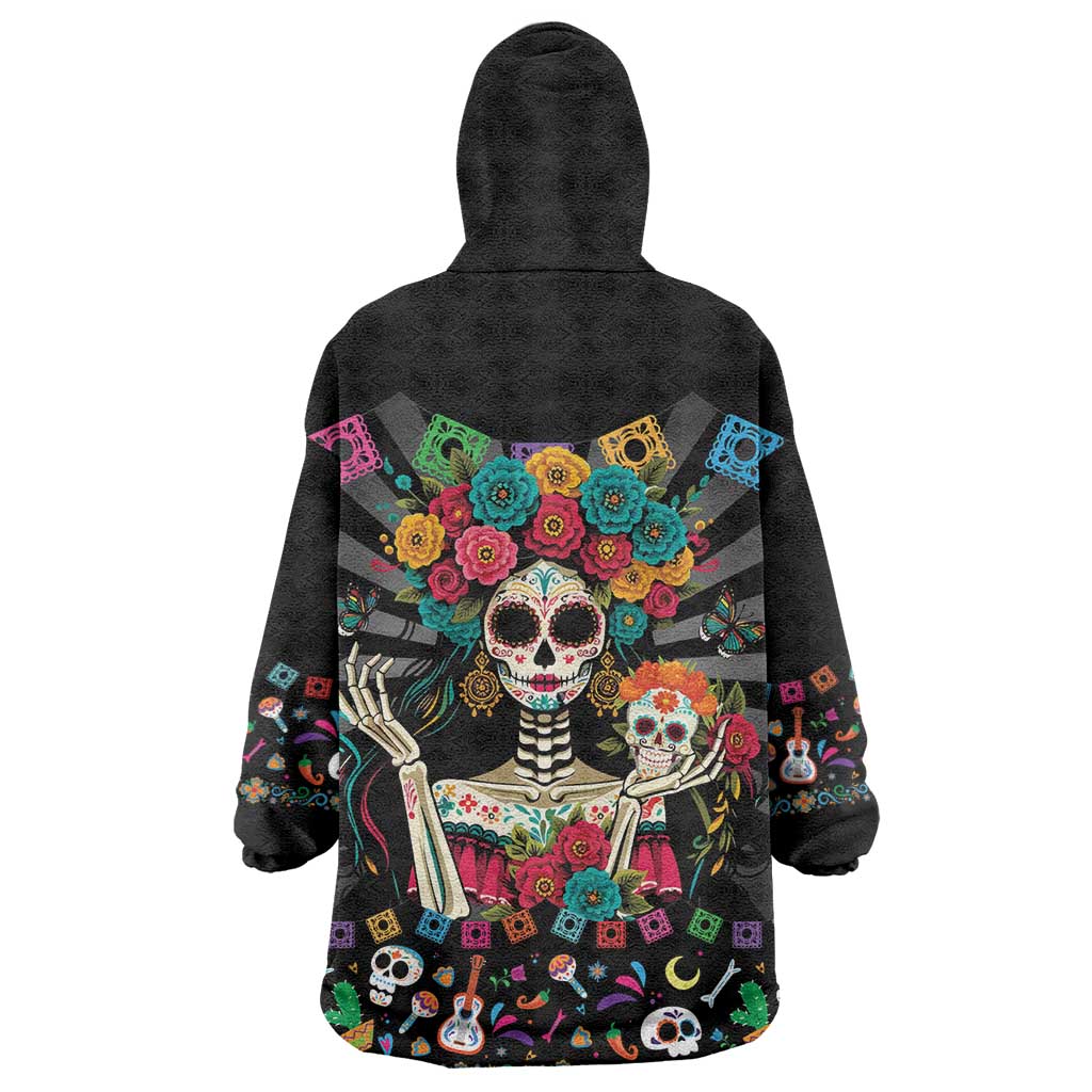 Mexican La Catrina Wearable Blanket Hoodie Viva Mexico Dia De Muertos - Wonder Print Shop