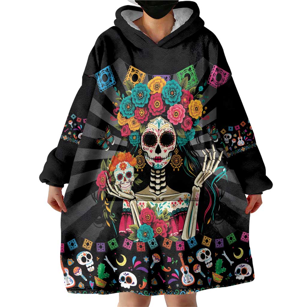 Mexican La Catrina Wearable Blanket Hoodie Viva Mexico Dia De Muertos - Wonder Print Shop