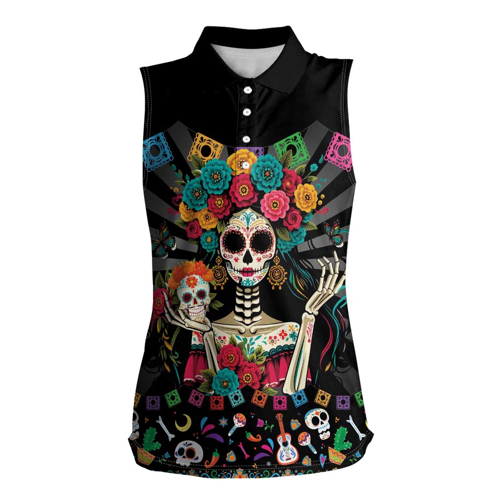 Mexican La Catrina Women Sleeveless Polo Shirt Viva Mexico Dia De Muertos - Wonder Print Shop
