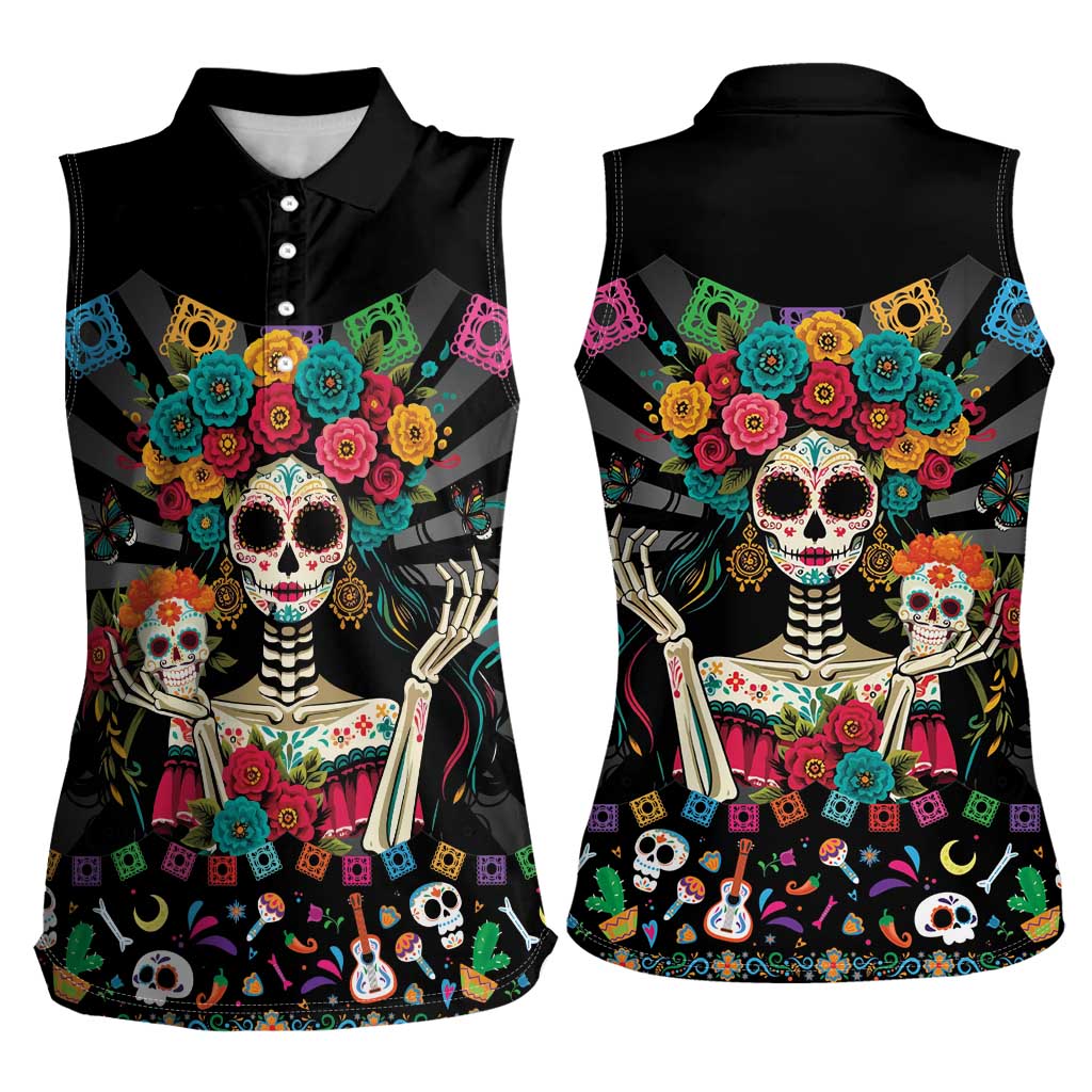 Mexican La Catrina Women Sleeveless Polo Shirt Viva Mexico Dia De Muertos - Wonder Print Shop
