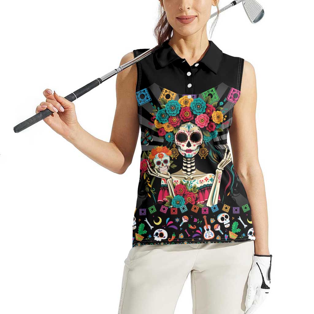 Mexican La Catrina Women Sleeveless Polo Shirt Viva Mexico Dia De Muertos - Wonder Print Shop