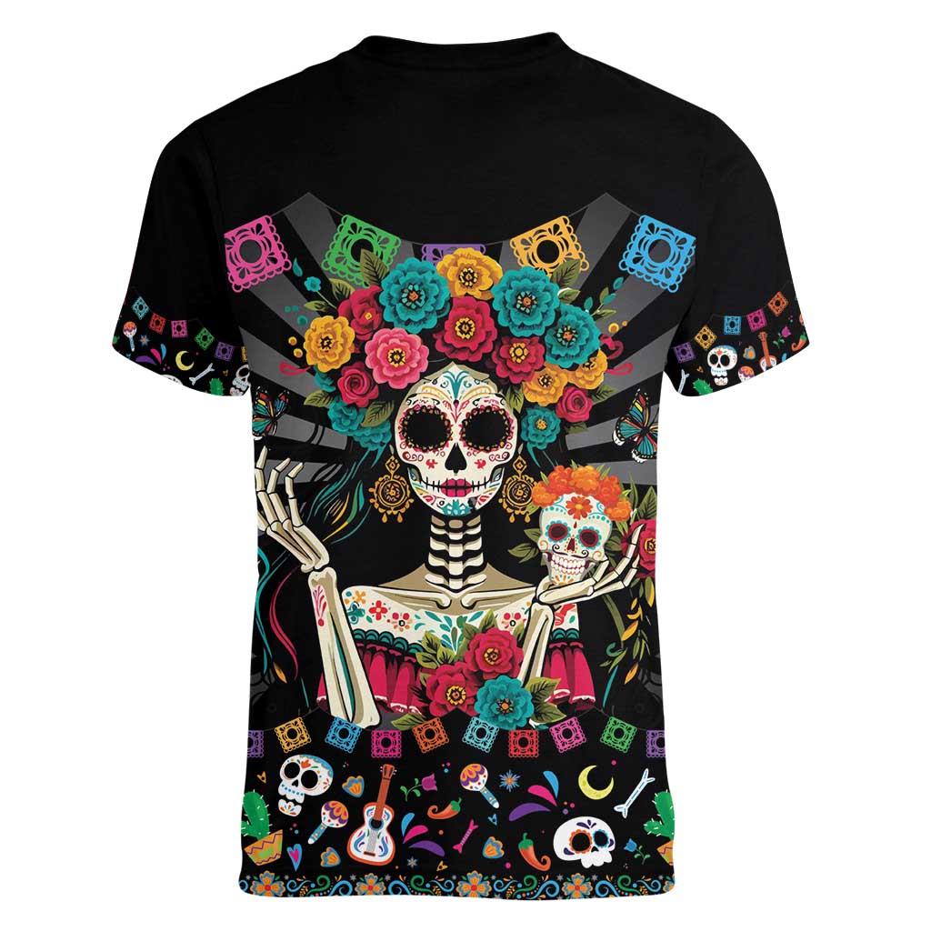 Mexican La Catrina Women V-Neck T-Shirt Viva Mexico Dia De Muertos - Wonder Print Shop