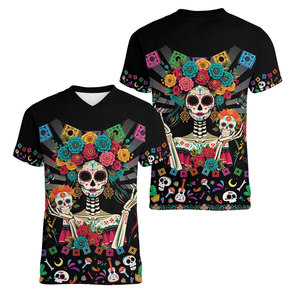 Mexican La Catrina Women V-Neck T-Shirt Viva Mexico Dia De Muertos - Wonder Print Shop
