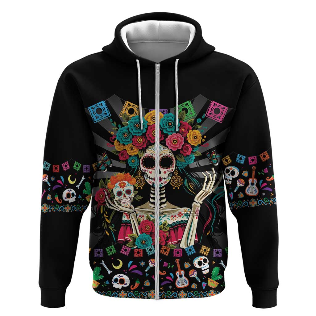 Mexican La Catrina Zip Hoodie Viva Mexico Dia De Muertos - Wonder Print Shop