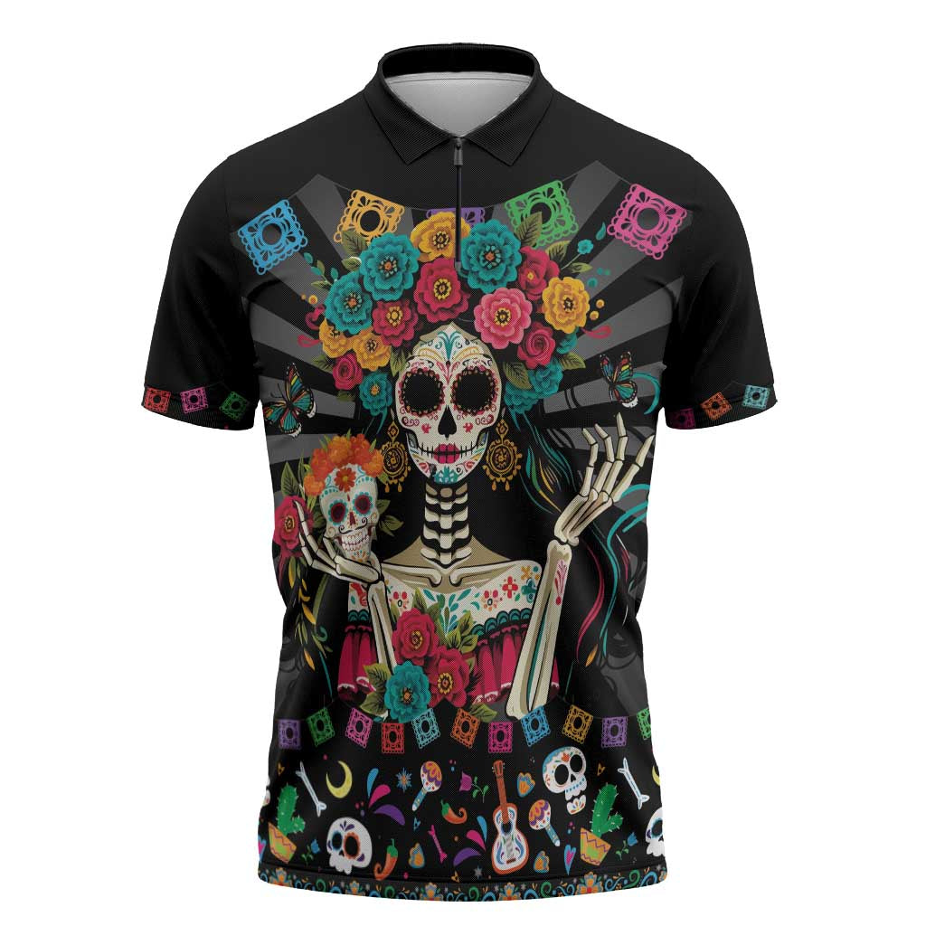 Mexican La Catrina Zipper Polo Shirt Viva Mexico Dia De Muertos - Wonder Print Shop