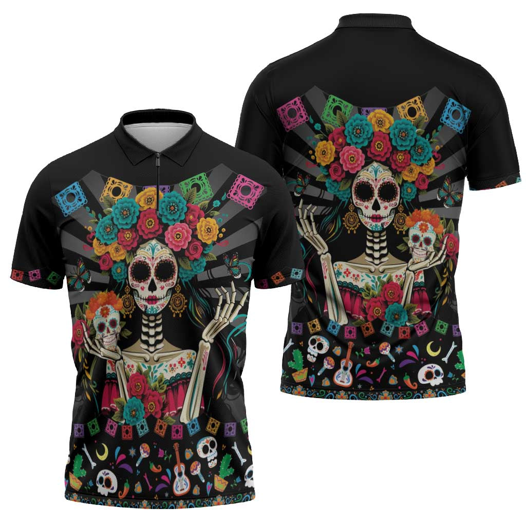 Mexican La Catrina Zipper Polo Shirt Viva Mexico Dia De Muertos - Wonder Print Shop